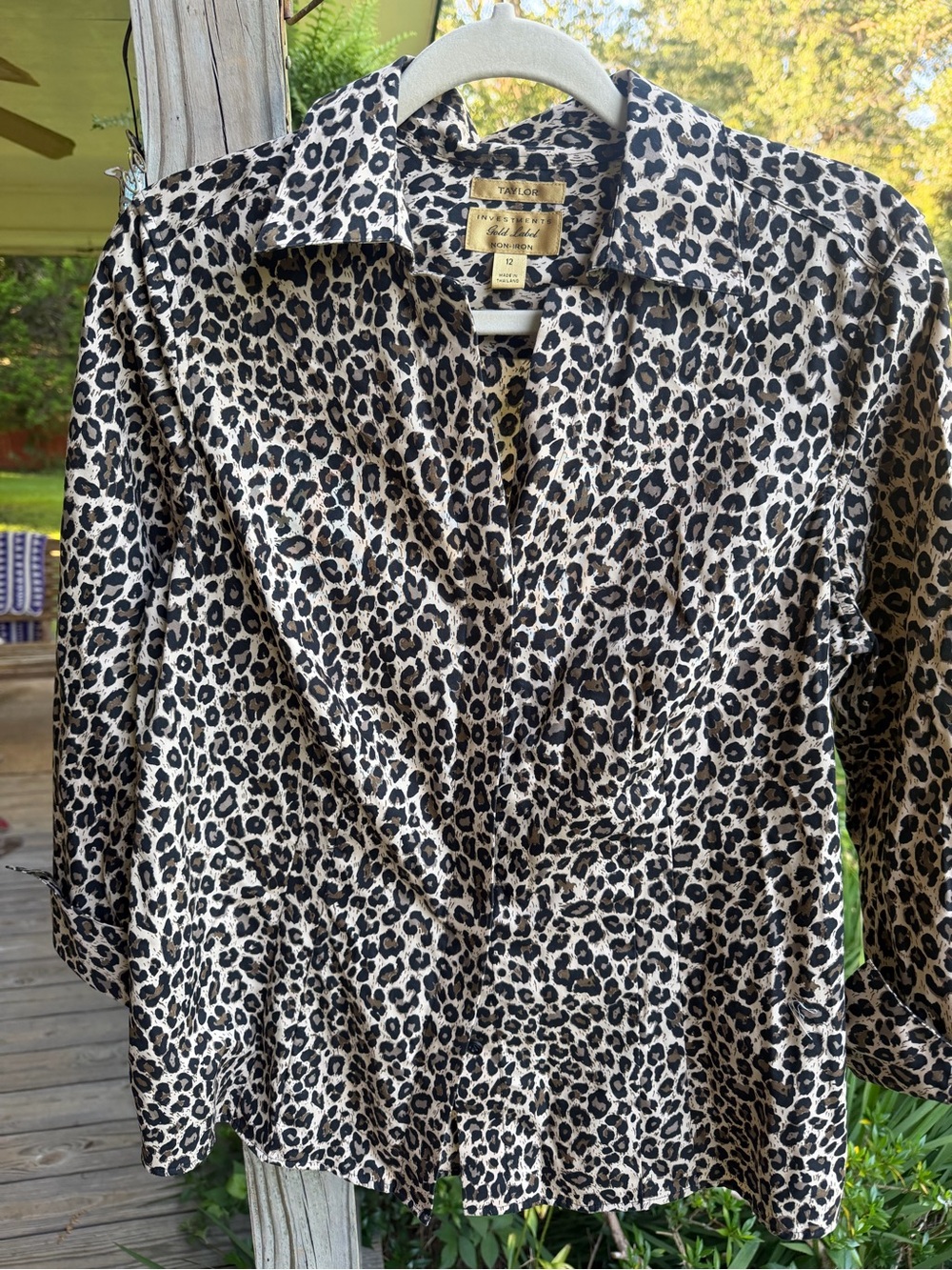 Taylor Investments 
 Leopard-Print Button-Up Blouse in Beige and Black